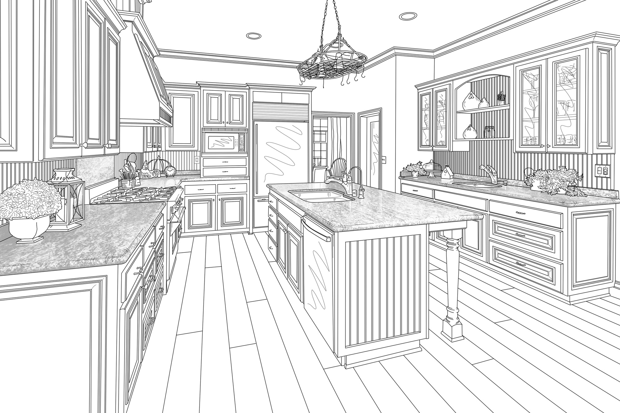 Beautiful Custom Kitchen Design Drawing in Black on White. AE Project